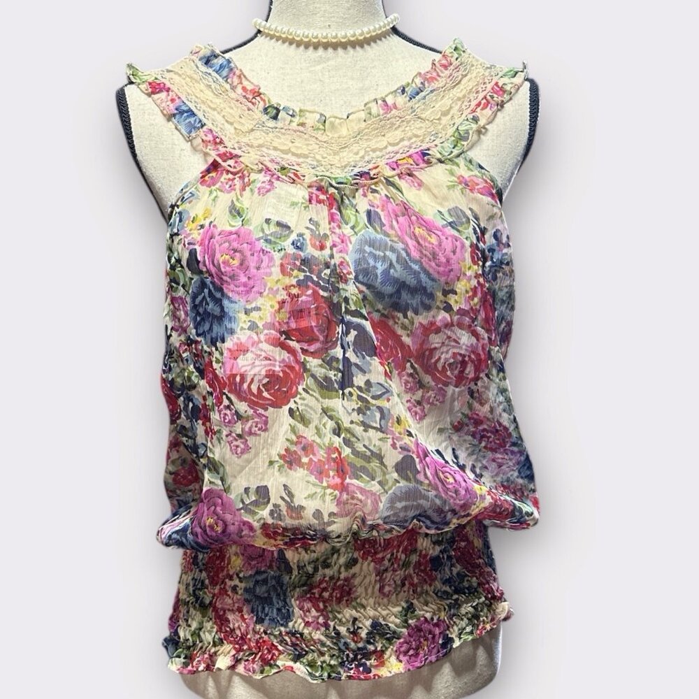 New Passport Women Small Top Floral Sleeveless Lace Sheer Boho‎ Cottagecore Chic
